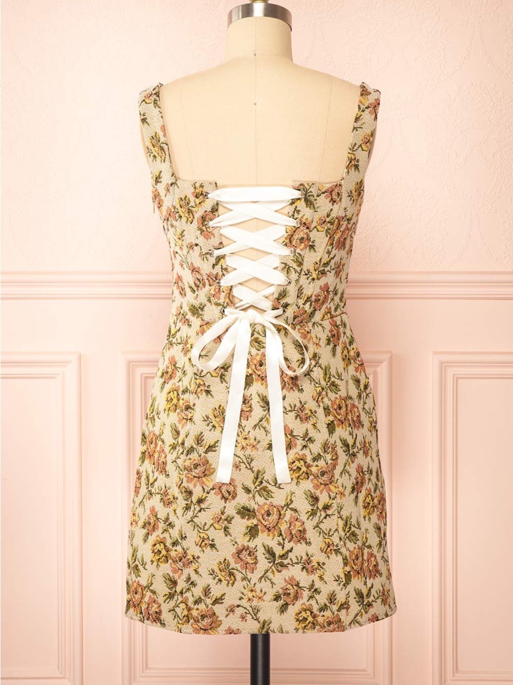 Simons Floral Lace-Up Back Dress in Cream and Pink